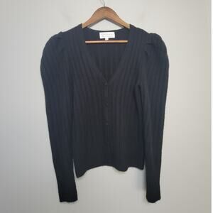 Design History Women’s S 100% Cashmere Ribbed Cardigan Black Puff Sleeve
